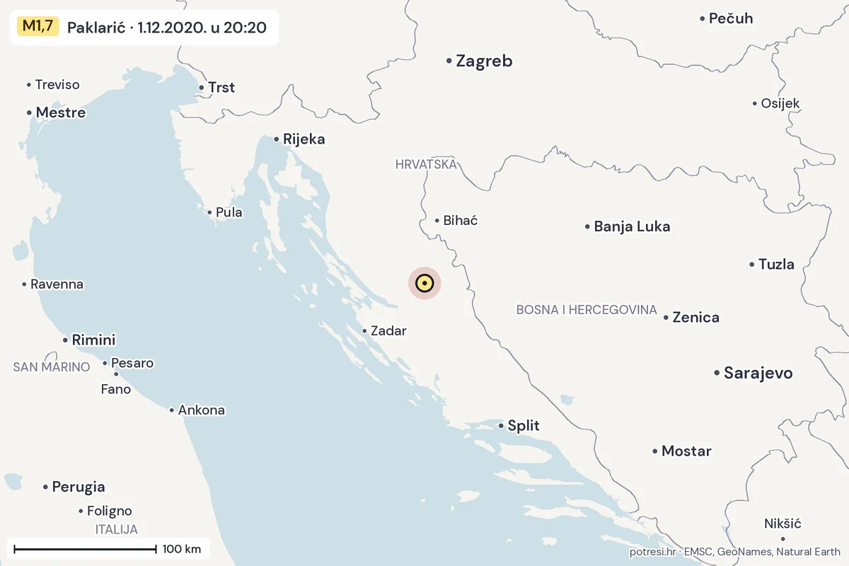 Karta: šire područje, 600 km, potres M1,7, Paklarić, 1.12.2020.