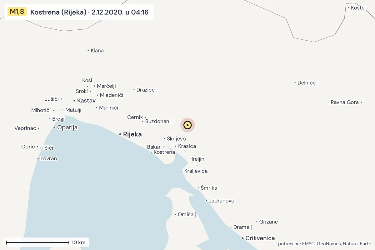 Karta: okolica epicentra, 60 km, potres M1,8, Kostrena (Rijeka), 2.12.2020.