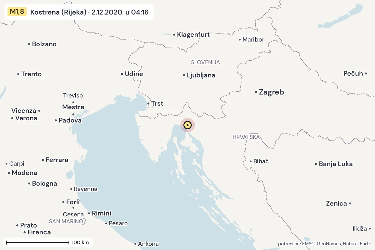 Karta: šire područje, 600 km, potres M1,8, Kostrena (Rijeka), 2.12.2020.