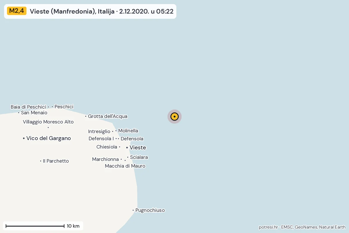 Karta: okolica epicentra, 60 km, potres M2,4, Vieste (Manfredonia), Italija, 2.12.2020.