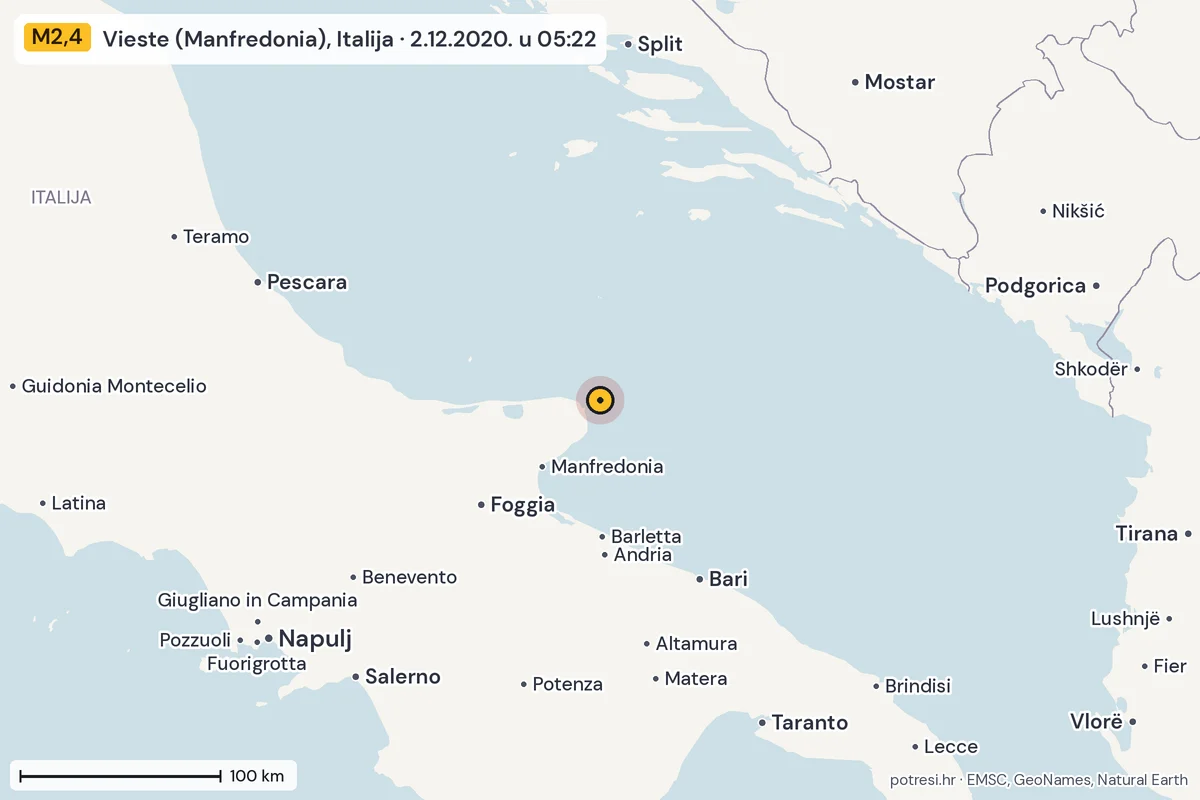 Karta: šire područje, 600 km, potres M2,4, Vieste (Manfredonia), Italija, 2.12.2020.
