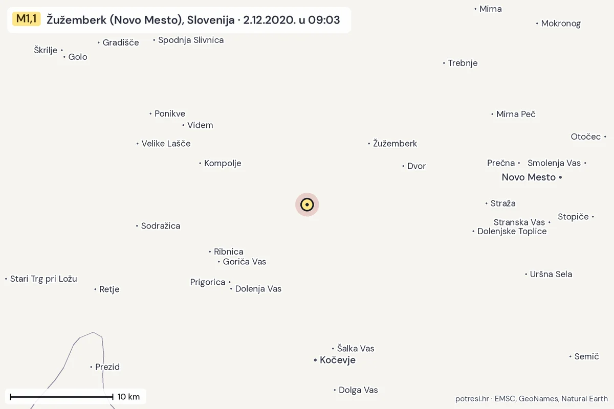 Karta: okolica epicentra, 60 km, potres M1,1, Žužemberk (Novo Mesto), Slovenija, 2.12.2020.