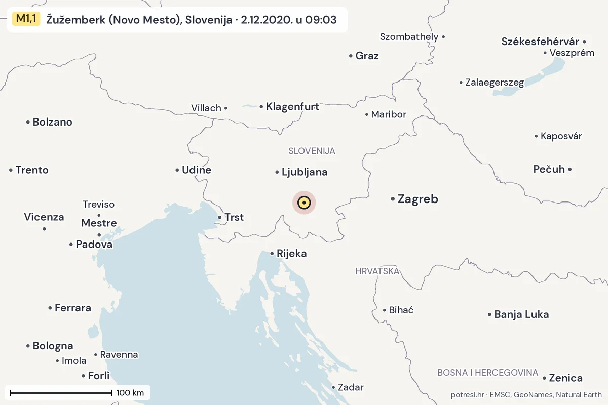Karta: šire područje, 600 km, potres M1,1, Žužemberk (Novo Mesto), Slovenija, 2.12.2020.