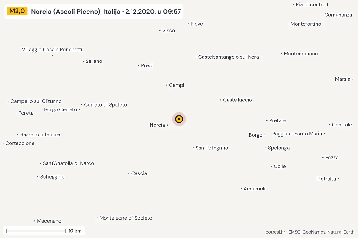 Karta: okolica epicentra, 60 km, potres M2,0, Norcia (Ascoli Piceno), Italija, 2.12.2020.