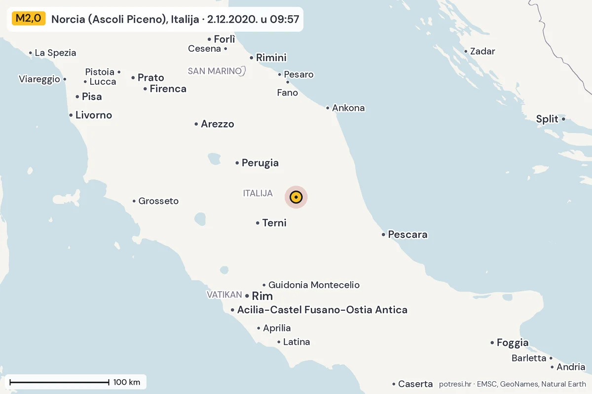 Karta: šire područje, 600 km, potres M2,0, Norcia (Ascoli Piceno), Italija, 2.12.2020.