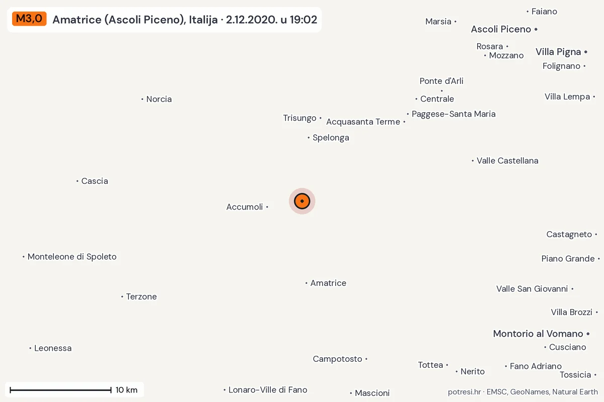 Karta: okolica epicentra, 60 km, potres M3,0, Amatrice (Ascoli Piceno), Italija, 2.12.2020.