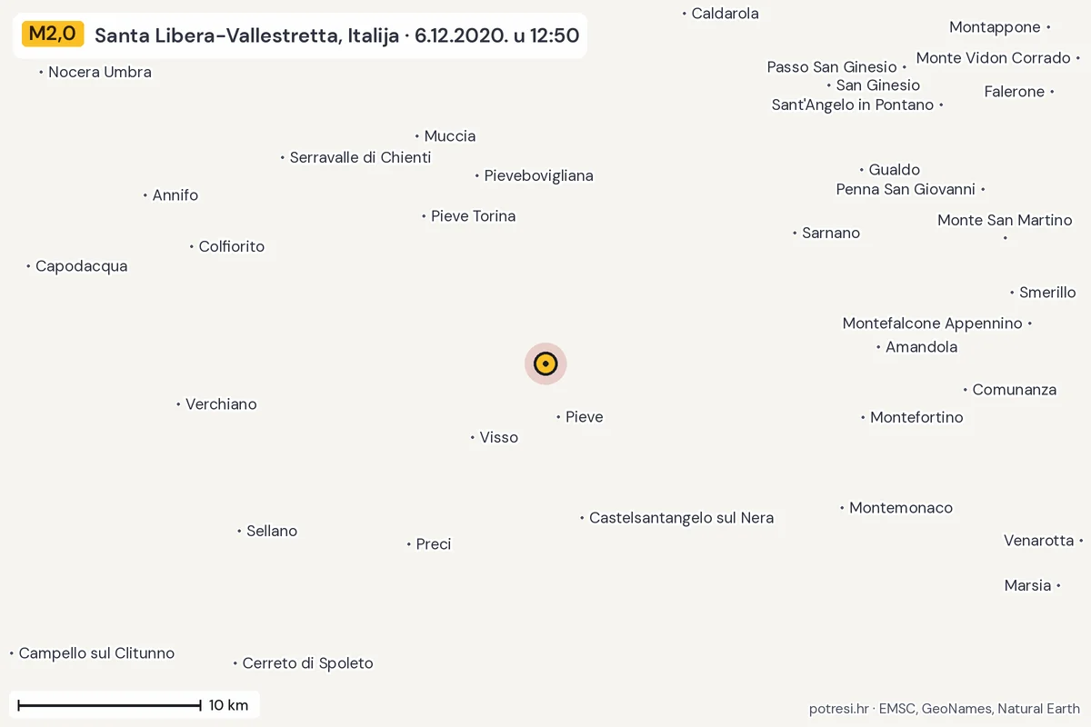 Karta: okolica epicentra, 60 km, potres M2,0, Santa Libera-Vallestretta, Italija, 6.12.2020.