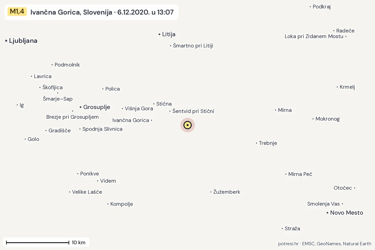 Karta: okolica epicentra, 60 km, potres M1,4, Ivančna Gorica, Slovenija, 6.12.2020.