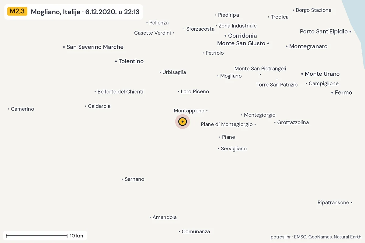 Karta: okolica epicentra, 60 km, potres M2,3, Mogliano, Italija, 6.12.2020.