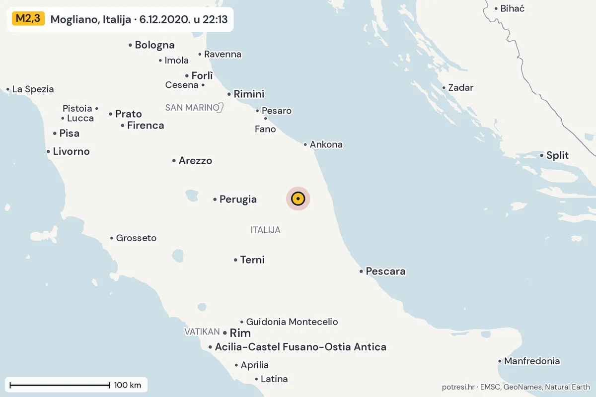Karta: šire područje, 600 km, potres M2,3, Mogliano, Italija, 6.12.2020.
