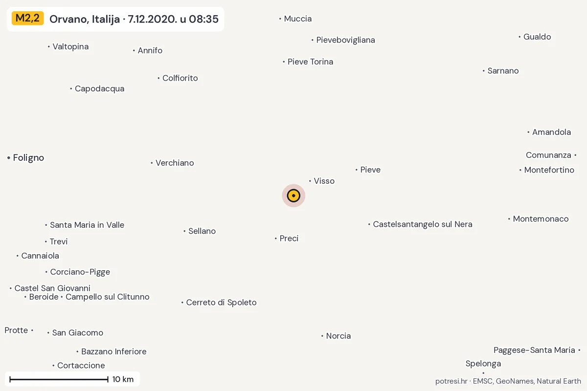 Karta: okolica epicentra, 60 km, potres M2,2, Orvano, Italija, 7.12.2020.