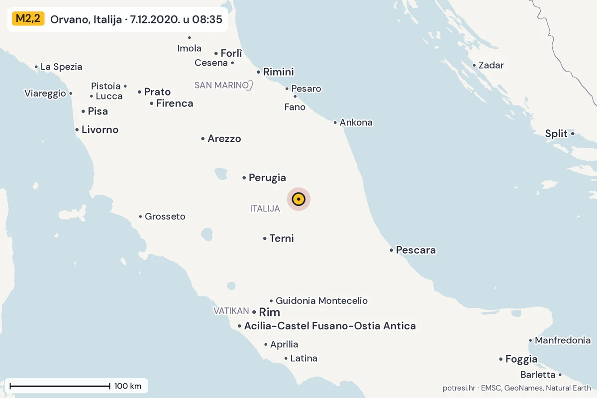 Karta: šire područje, 600 km, potres M2,2, Orvano, Italija, 7.12.2020.