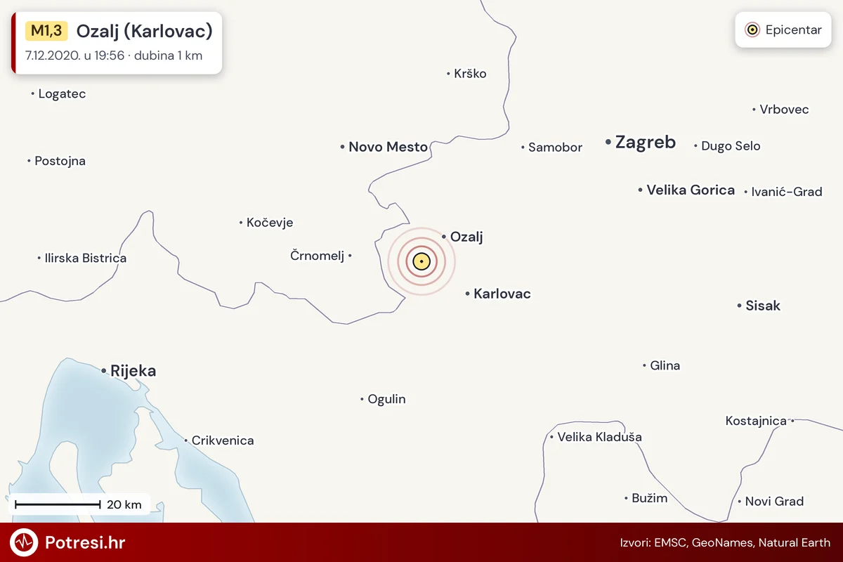 Karta: šire područje i vjerojatni doseg osjeta, potres M1,3, Ozalj (Karlovac), 7.12.2020.