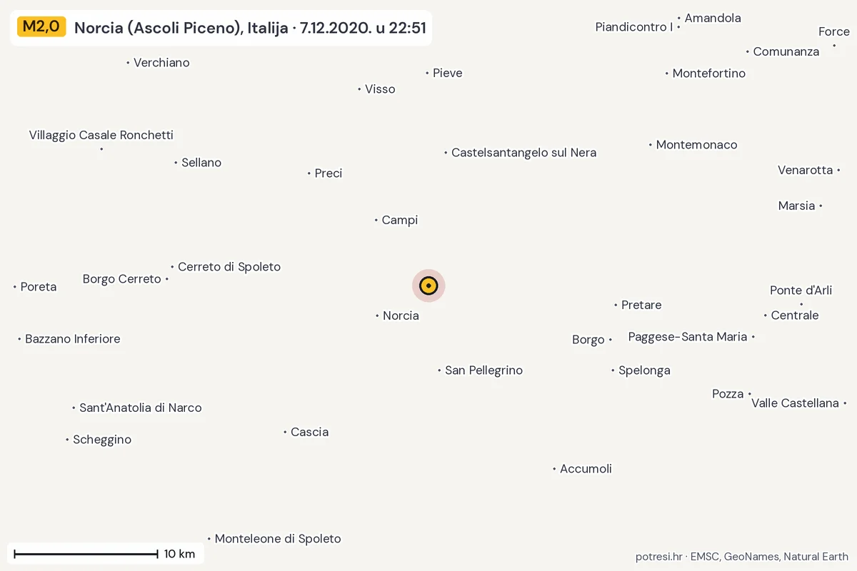 Karta: okolica epicentra, 60 km, potres M2,0, Norcia (Ascoli Piceno), Italija, 7.12.2020.