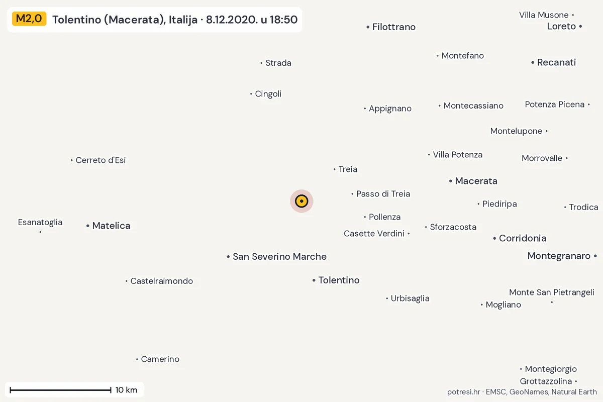 Karta: okolica epicentra, 60 km, potres M2,0, Tolentino (Macerata), Italija, 8.12.2020.