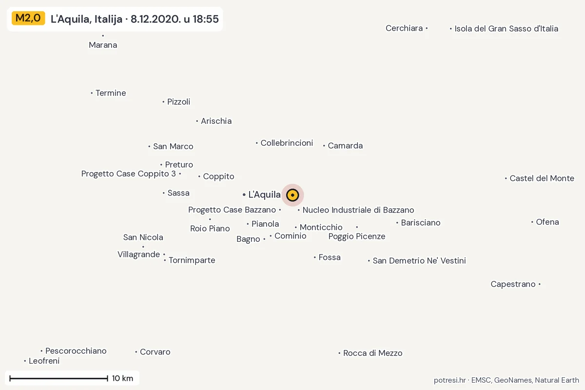 Karta: okolica epicentra, 60 km, potres M2,0, L'Aquila, Italija, 8.12.2020.