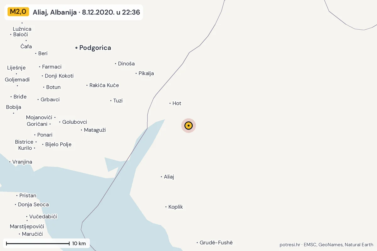 Karta: okolica epicentra, 60 km, potres M2,0, Aliaj, Albanija, 8.12.2020.