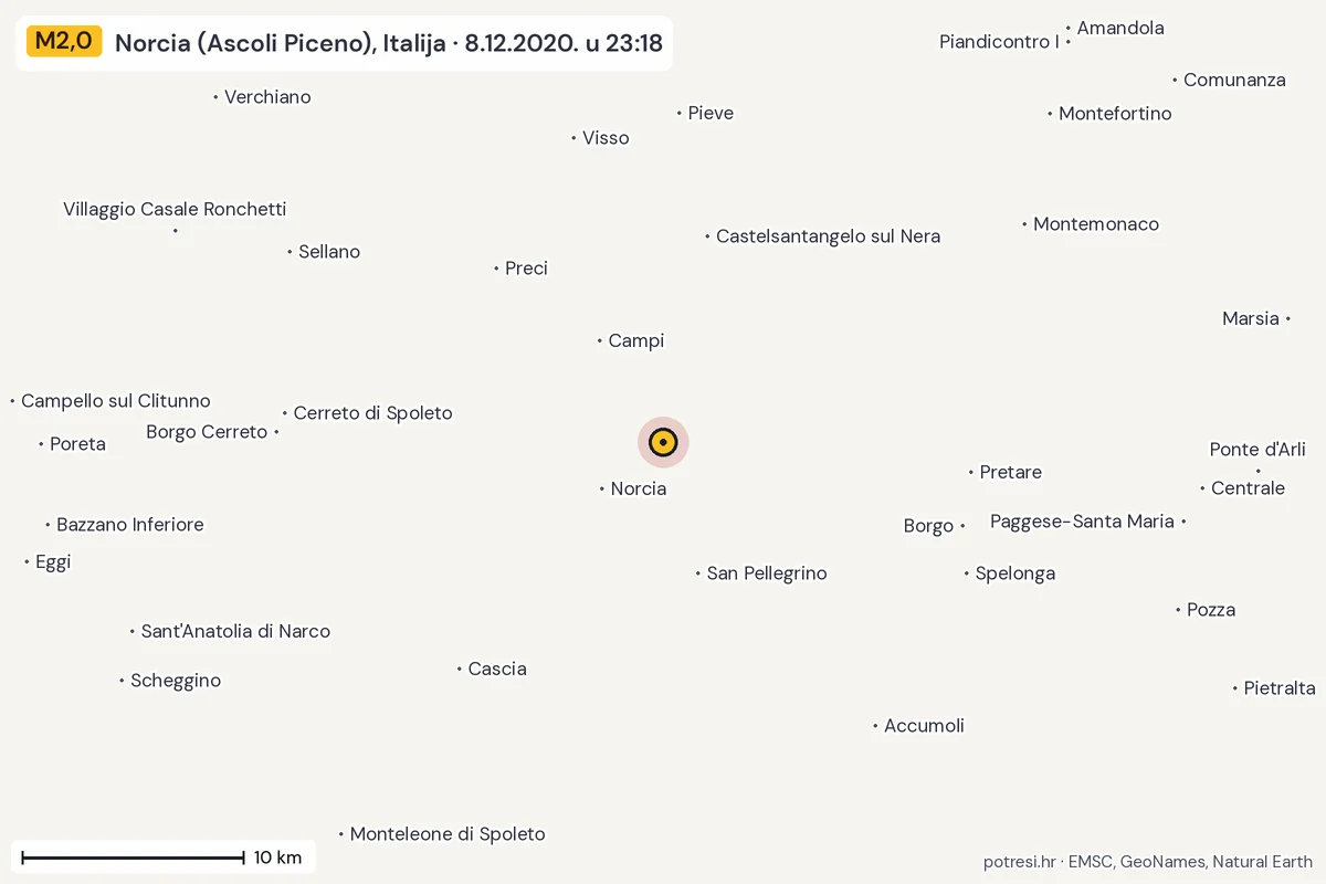 Karta: okolica epicentra, 60 km, potres M2,0, Norcia (Ascoli Piceno), Italija, 8.12.2020.