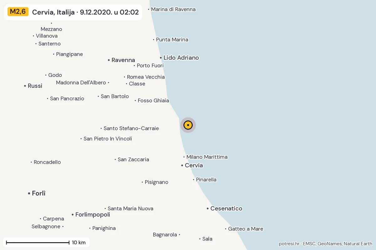 Karta: okolica epicentra, 60 km, potres M2,6, Cervia, Italija, 9.12.2020.