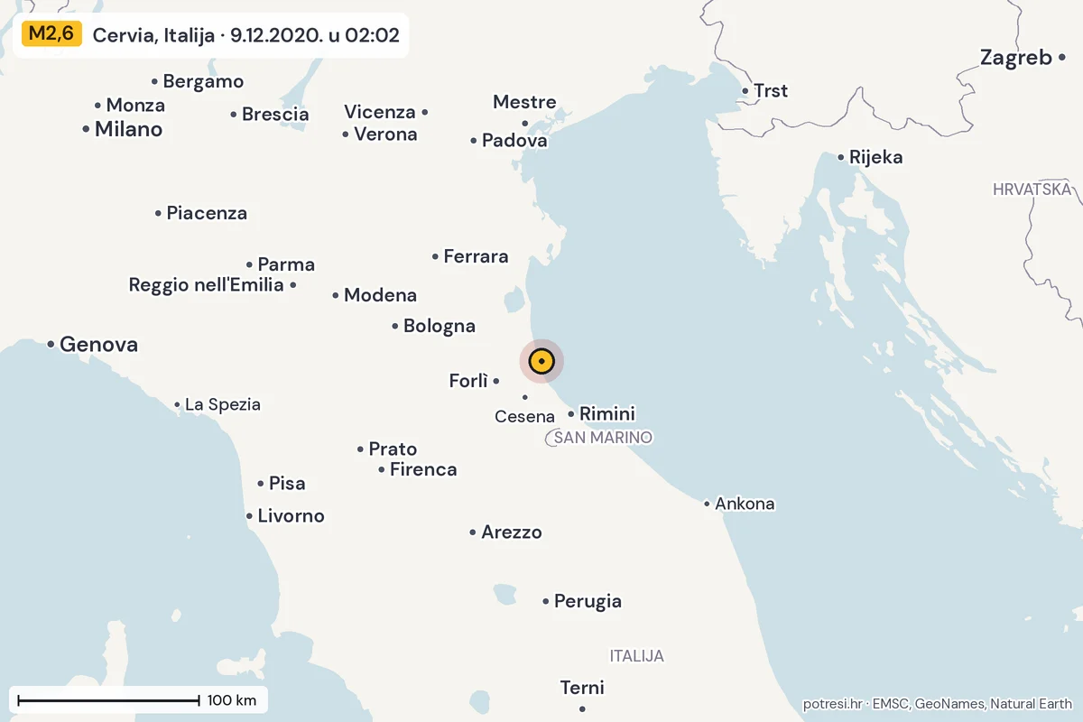 Karta: šire područje, 600 km, potres M2,6, Cervia, Italija, 9.12.2020.