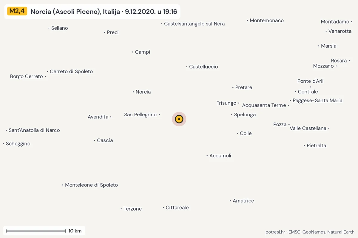 Karta: okolica epicentra, 60 km, potres M2,4, Norcia (Ascoli Piceno), Italija, 9.12.2020.