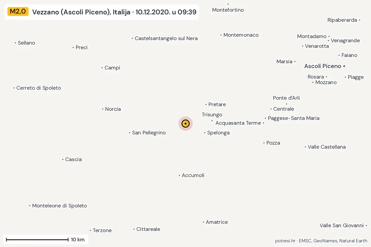 Karta: okolica epicentra, 60 km, potres M2,0, Vezzano (Ascoli Piceno), Italija, 10.12.2020.