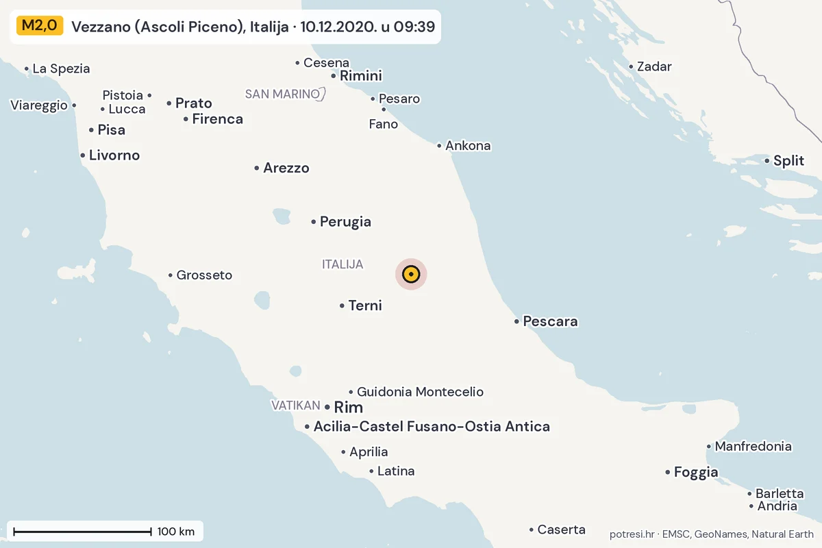 Karta: šire područje, 600 km, potres M2,0, Vezzano (Ascoli Piceno), Italija, 10.12.2020.