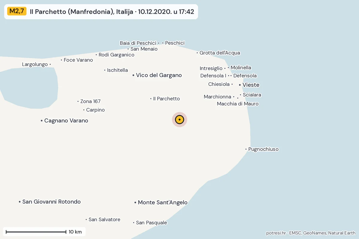 Karta: okolica epicentra, 60 km, potres M2,7, II Parchetto (Manfredonia), Italija, 10.12.2020.