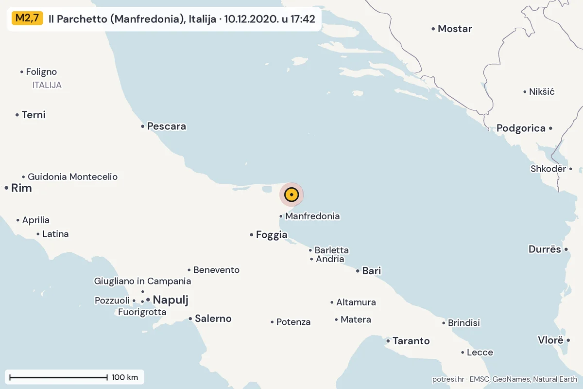 Karta: šire područje, 600 km, potres M2,7, II Parchetto (Manfredonia), Italija, 10.12.2020.