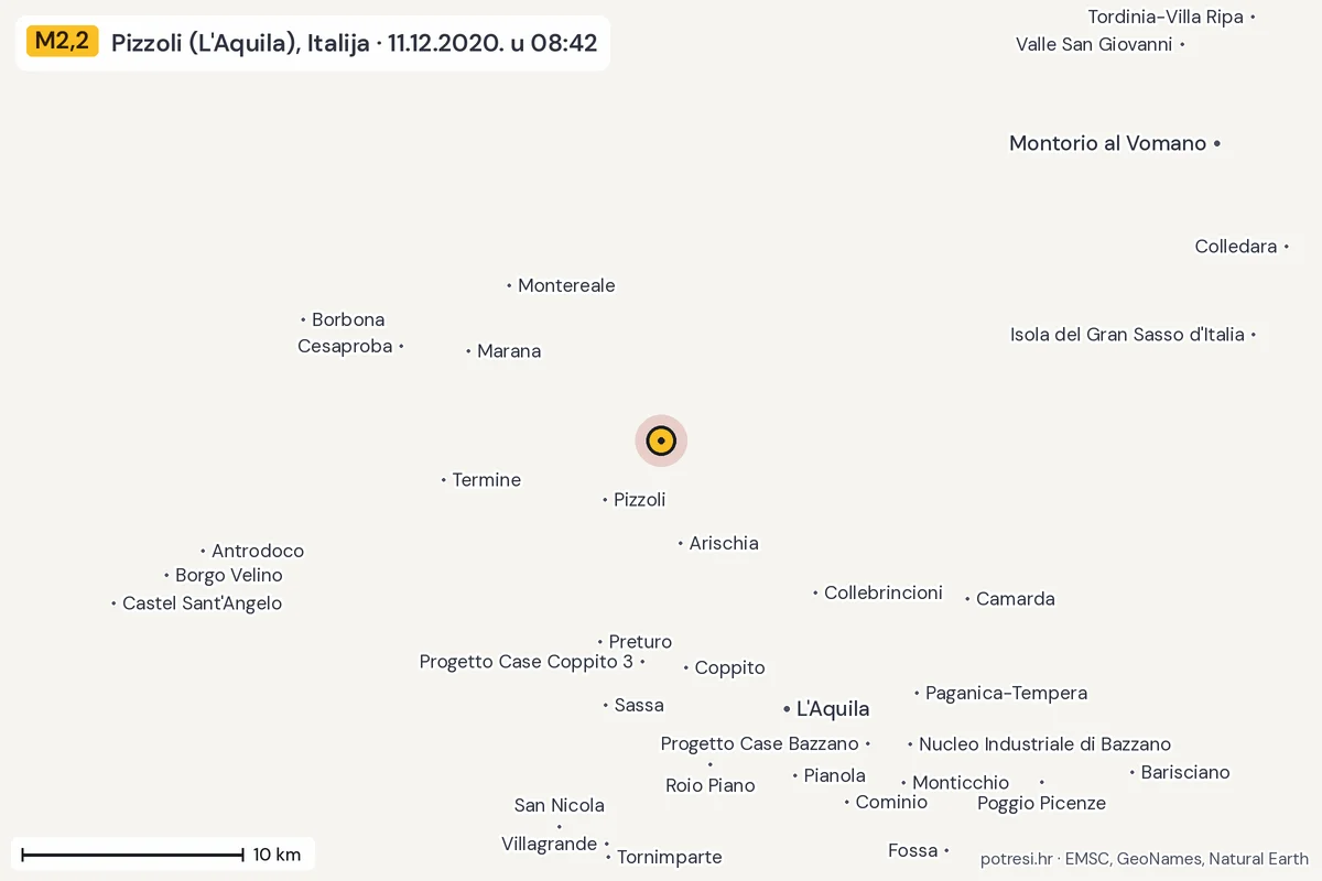 Karta: okolica epicentra, 60 km, potres M2,2, Pizzoli (L'Aquila), Italija, 11.12.2020.