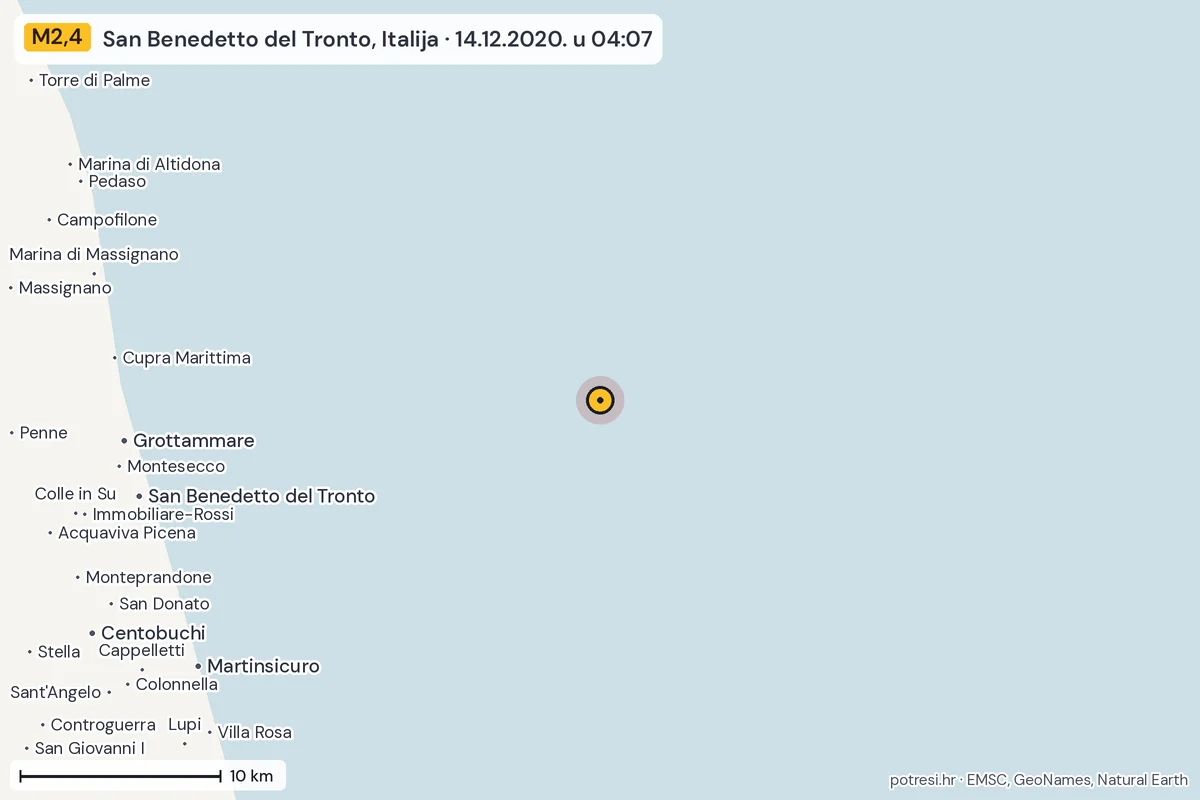 Karta: okolica epicentra, 60 km, potres M2,4, San Benedetto del Tronto, Italija, 14.12.2020.