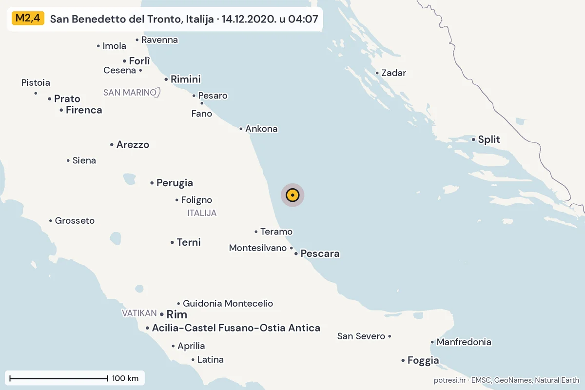 Karta: šire područje, 600 km, potres M2,4, San Benedetto del Tronto, Italija, 14.12.2020.