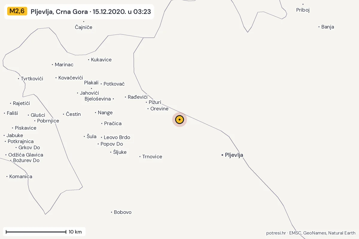 Karta: okolica epicentra, 60 km, potres M2,6, Pljevlja, Crna Gora, 15.12.2020.