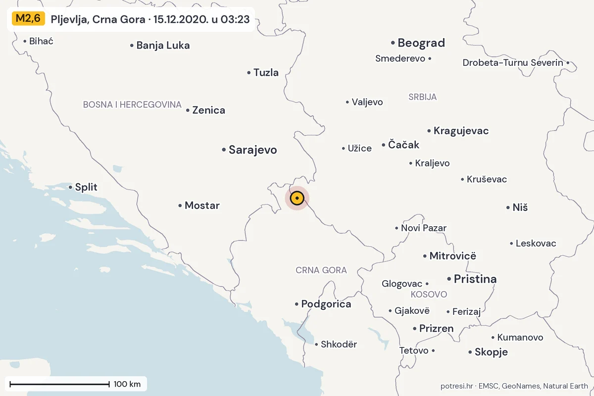 Karta: šire područje, 600 km, potres M2,6, Pljevlja, Crna Gora, 15.12.2020.