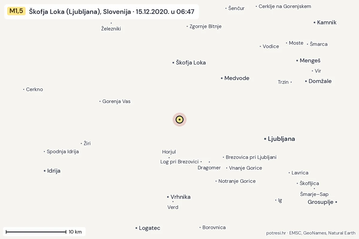 Karta: okolica epicentra, 60 km, potres M1,5, Škofja Loka (Ljubljana), Slovenija, 15.12.2020.