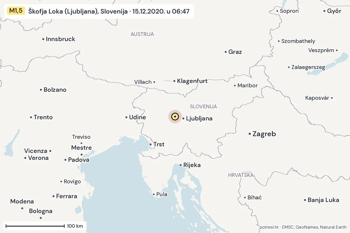 Karta: šire područje, 600 km, potres M1,5, Škofja Loka (Ljubljana), Slovenija, 15.12.2020.