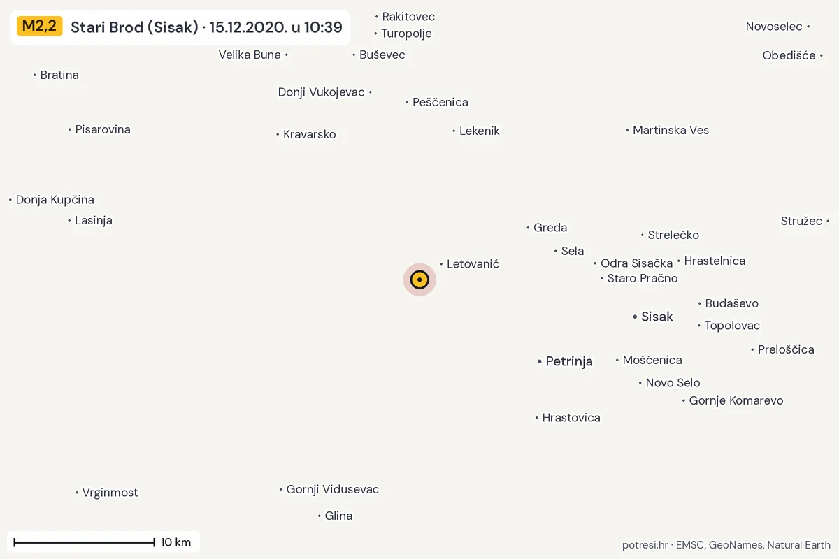 Karta: okolica epicentra, 60 km, potres M2,2, Stari Brod (Sisak), 15.12.2020.