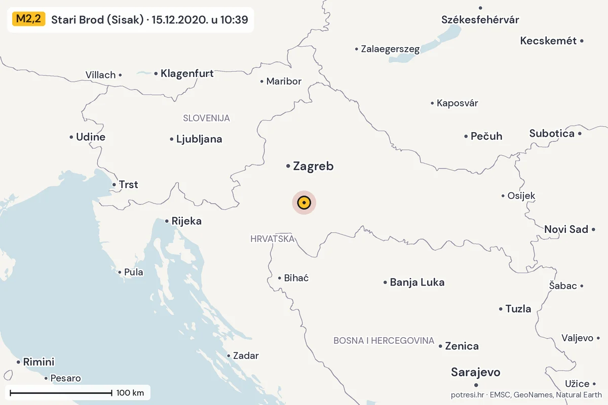Karta: šire područje, 600 km, potres M2,2, Stari Brod (Sisak), 15.12.2020.