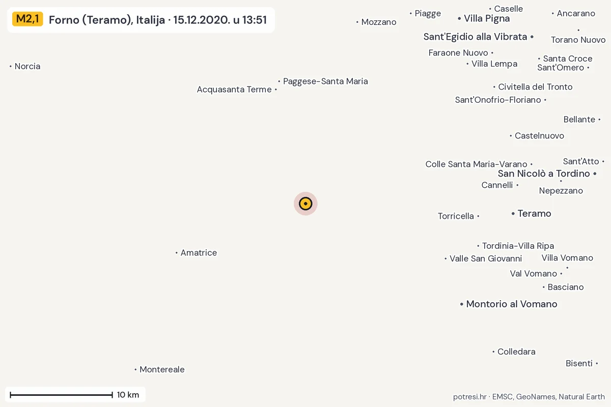 Karta: okolica epicentra, 60 km, potres M2,1, Forno (Teramo), Italija, 15.12.2020.