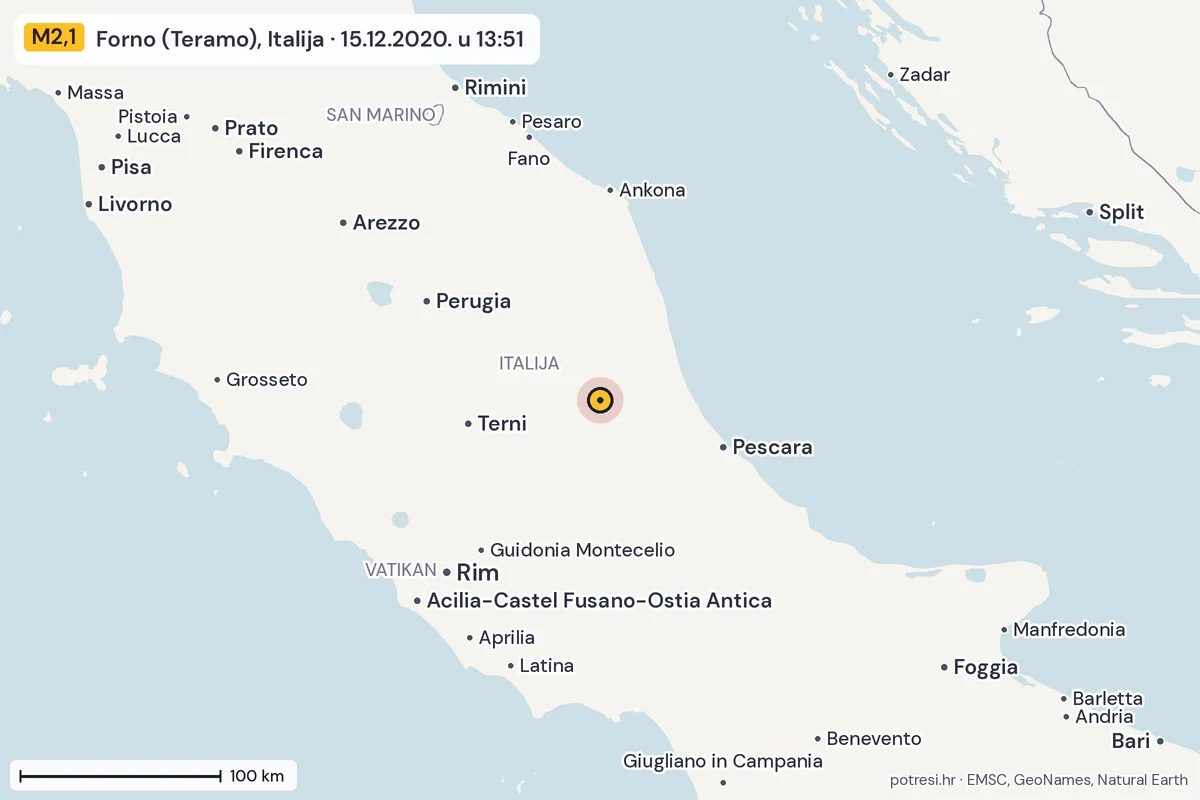 Karta: šire područje, 600 km, potres M2,1, Forno (Teramo), Italija, 15.12.2020.