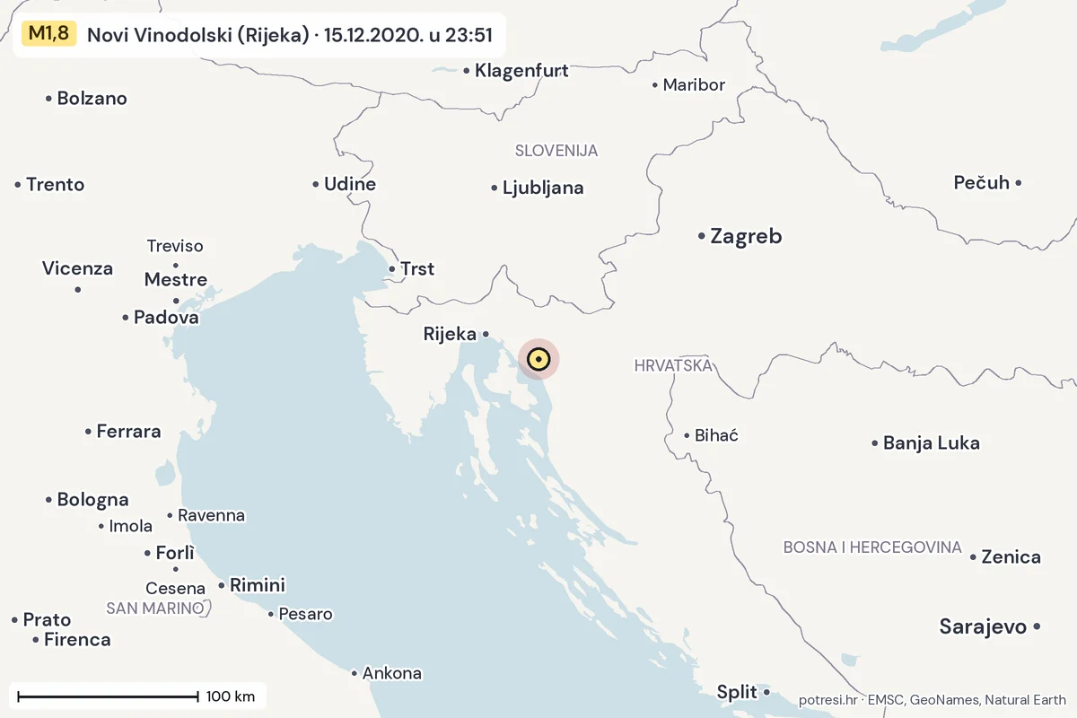 Karta: šire područje, 600 km, potres M1,8, Novi Vinodolski (Rijeka), 15.12.2020.