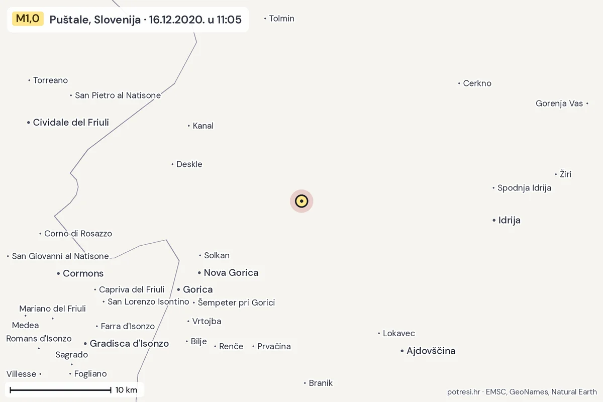 Karta: okolica epicentra, 60 km, potres M1,0, Puštale, Slovenija, 16.12.2020.