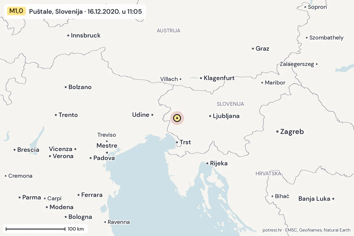 Karta: šire područje, 600 km, potres M1,0, Puštale, Slovenija, 16.12.2020.