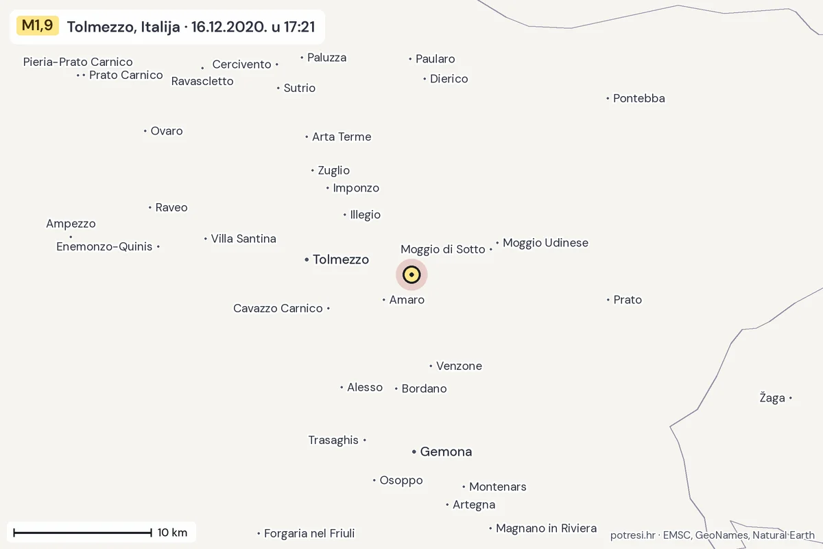 Karta: okolica epicentra, 60 km, potres M1,9, Tolmezzo, Italija, 16.12.2020.