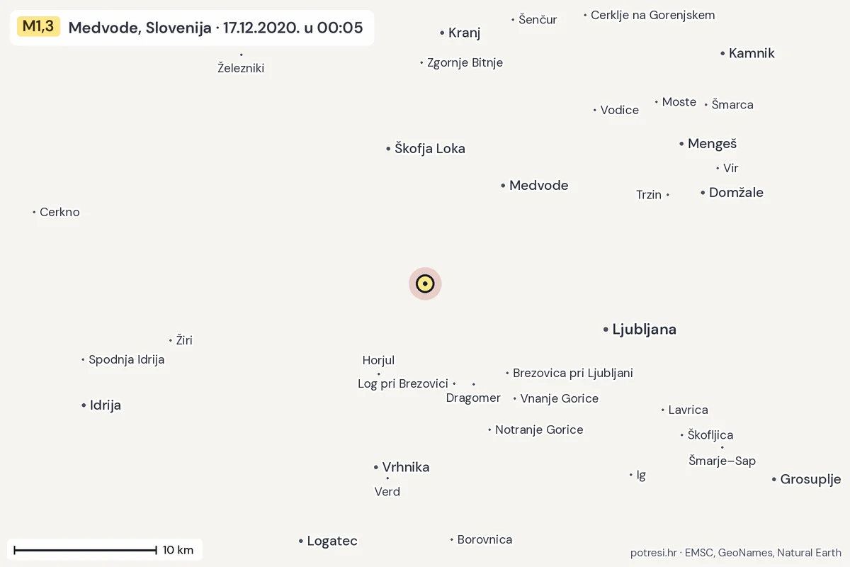 Karta: okolica epicentra, 60 km, potres M1,3, Medvode, Slovenija, 17.12.2020.