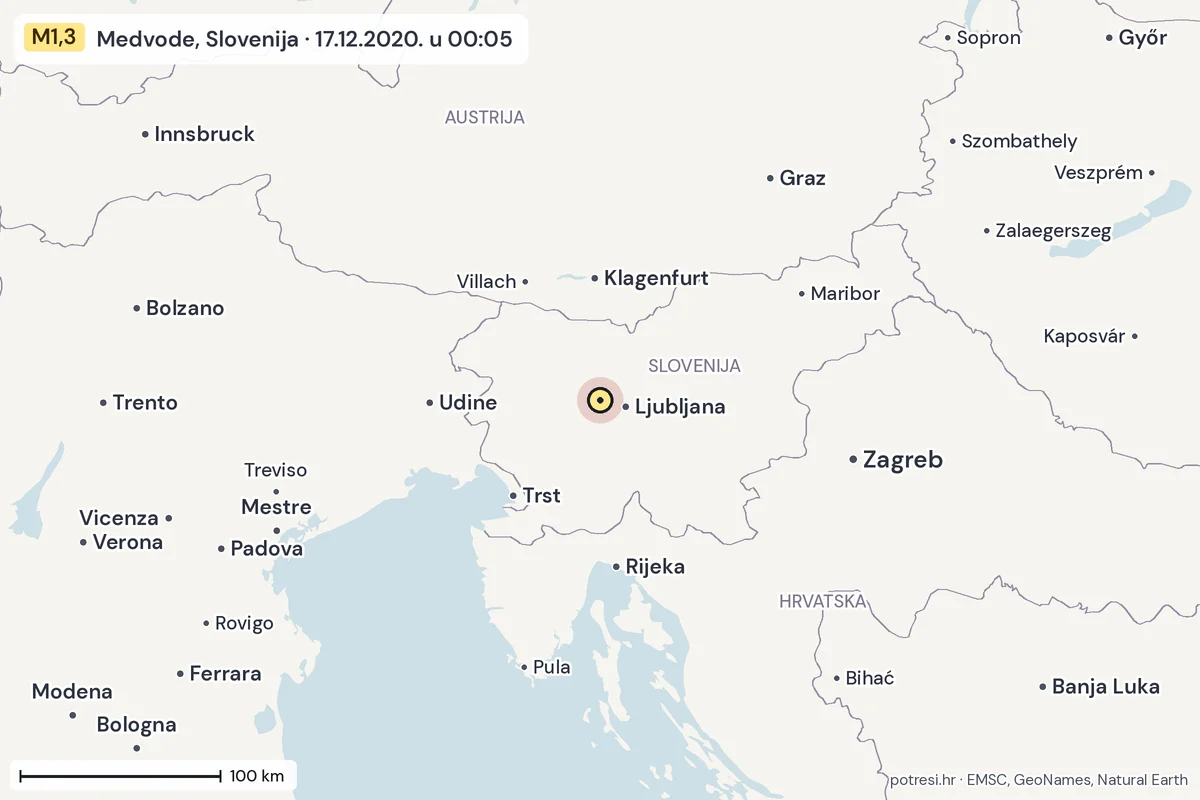 Karta: šire područje, 600 km, potres M1,3, Medvode, Slovenija, 17.12.2020.