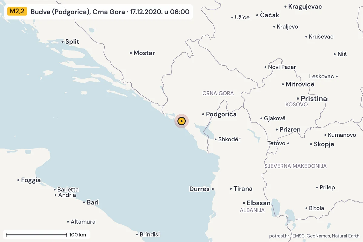 Karta: šire područje, 600 km, potres M2,2, Budva (Podgorica), Crna Gora, 17.12.2020.