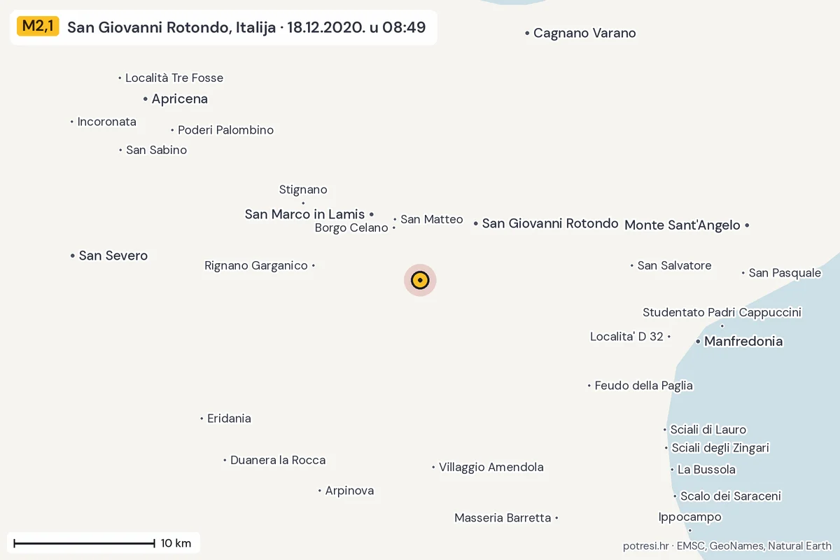 Karta: okolica epicentra, 60 km, potres M2,1, San Giovanni Rotondo, Italija, 18.12.2020.