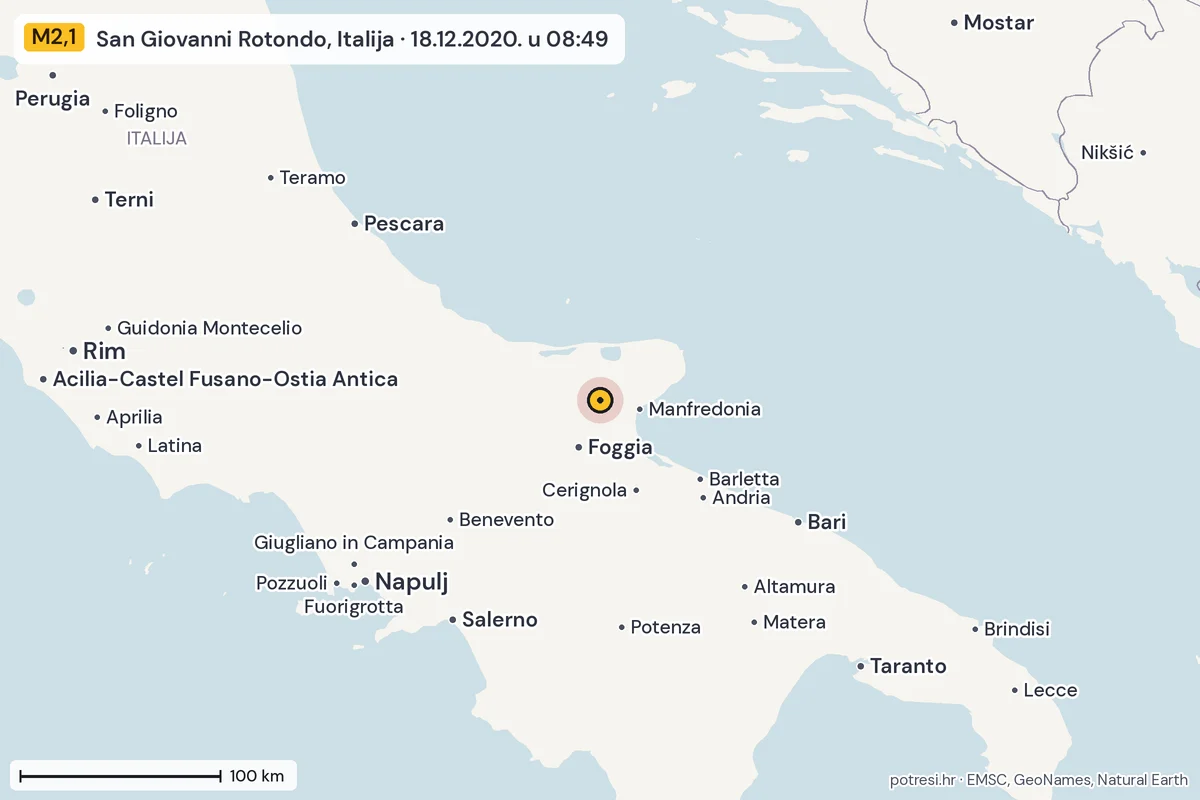 Karta: šire područje, 600 km, potres M2,1, San Giovanni Rotondo, Italija, 18.12.2020.