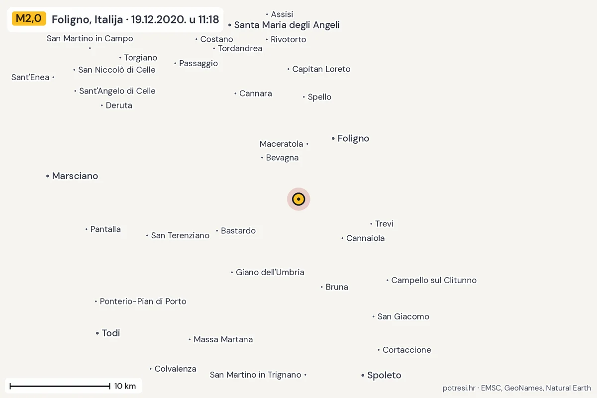 Karta: okolica epicentra, 60 km, potres M2,0, Foligno, Italija, 19.12.2020.